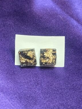 Gold and Black Stone Square Resin Stud Earrings